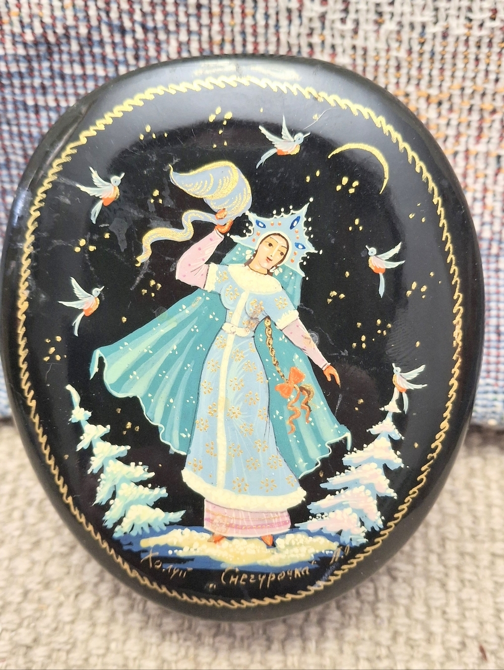 Vintage Russian Lacquer Box Snow Maiden Hand Painted Black Trinket Box